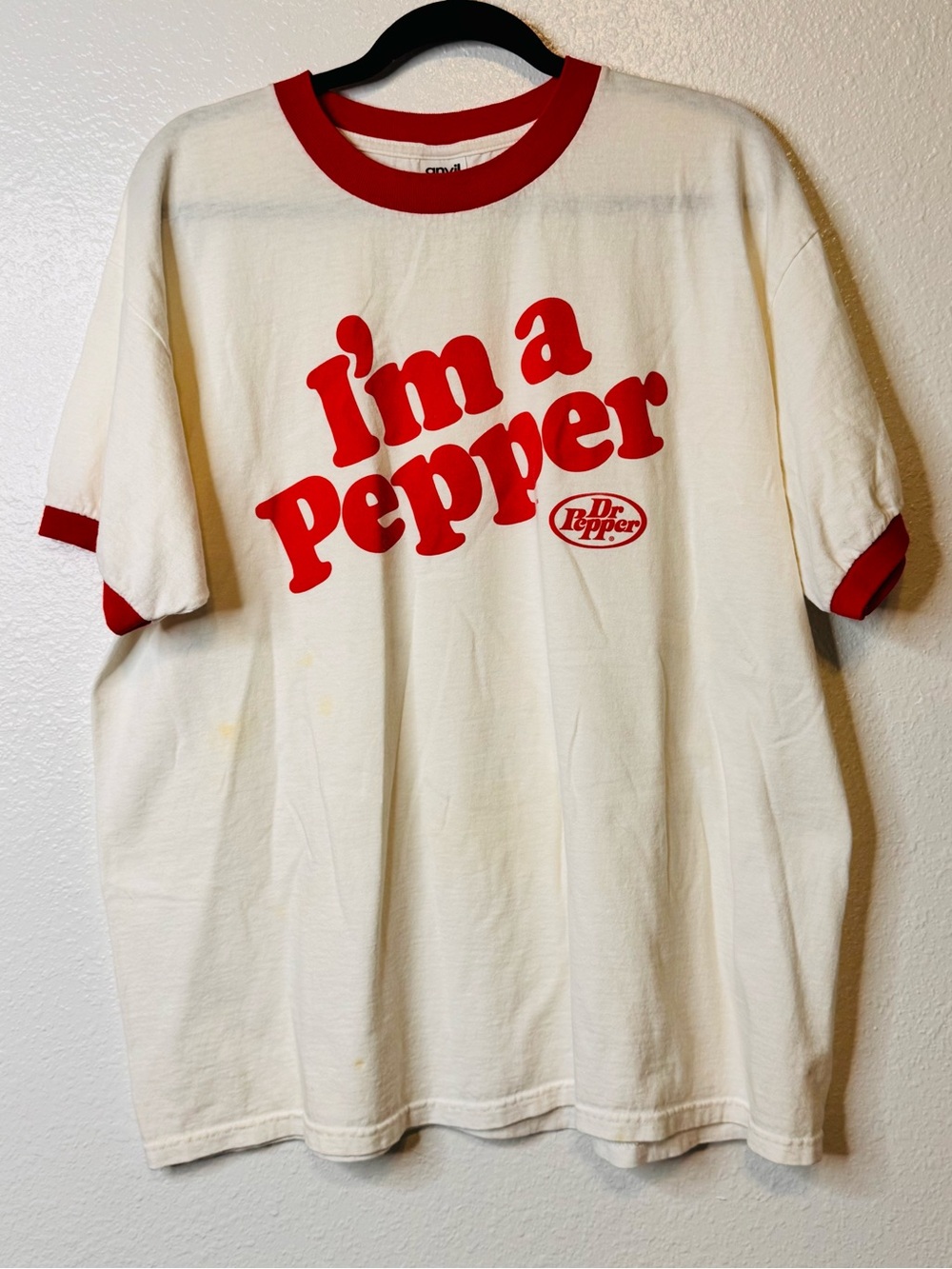90s Vintage I'm A Dr Pepper Soda Anvil Ringer Thin White Red T Shirt size XL